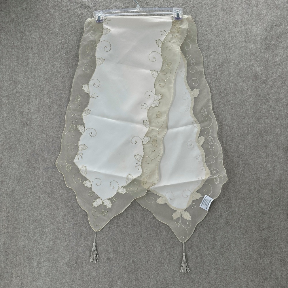 VTG Cream Gold Embroidered Table Runner Sheer Organza Leaf Tassel 34" Holiday